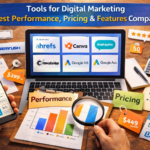 Tools for Digital Marketing featured image showing laptop with SEO and marketing tools dashboard, performance charts, pricing tags, and feature comparison in a realistic workspace setup.