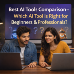 Best AI Tools Comparison guide showing beginners and professionals choosing the right AI tool on laptop screens