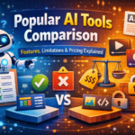 Popular AI tools comparison featured image showing features, limitations, pricing comparison icons, and AI technology concept in a modern