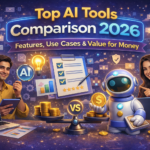Top AI Tools Comparison 2026 image showing features, use cases and value for money comparison with AI checklist and pricing scale.