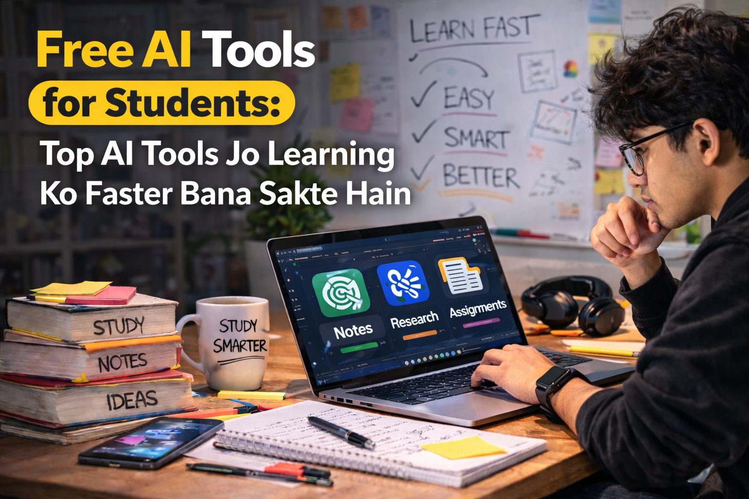 Free AI Tools for Students helping them study faster using AI on a laptop