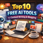Top 10 Free AI Tools for content writing and blogging showing a realistic workspace with laptop, notes and writing setup Select 80 more words to run Humanizer.