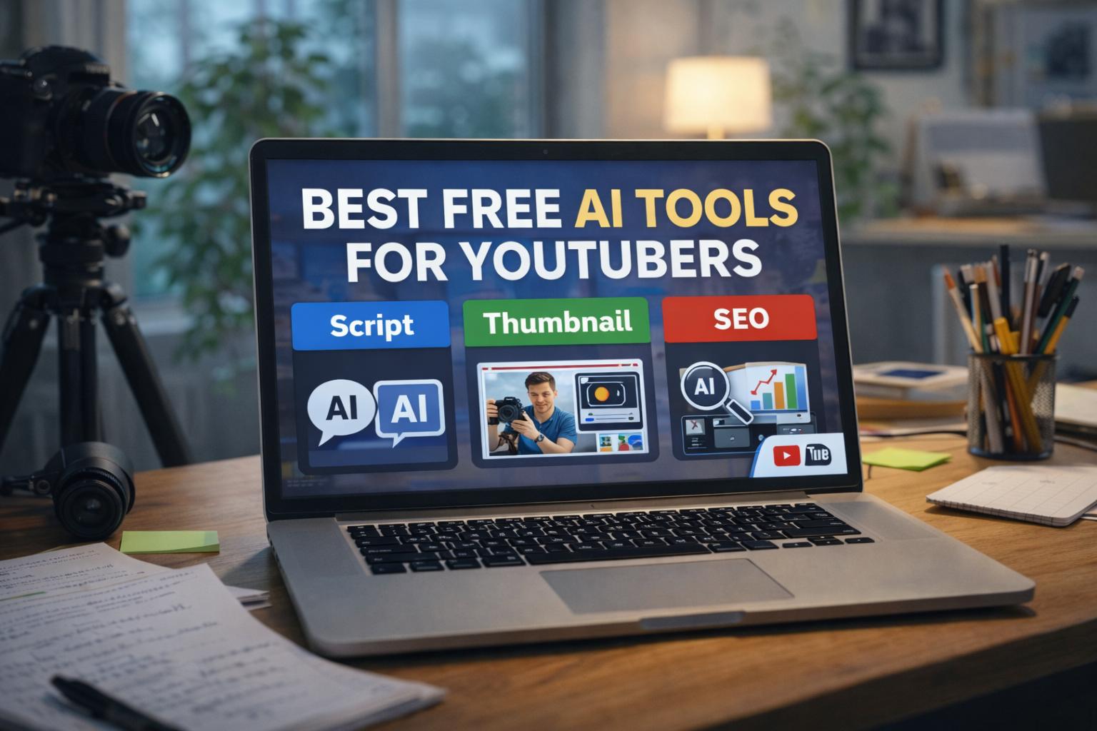 Best free AI tools for YouTubers displayed on a laptop screen showing script writing, thumbnail creation, and SEO optimization features in a bright daylight workspace.