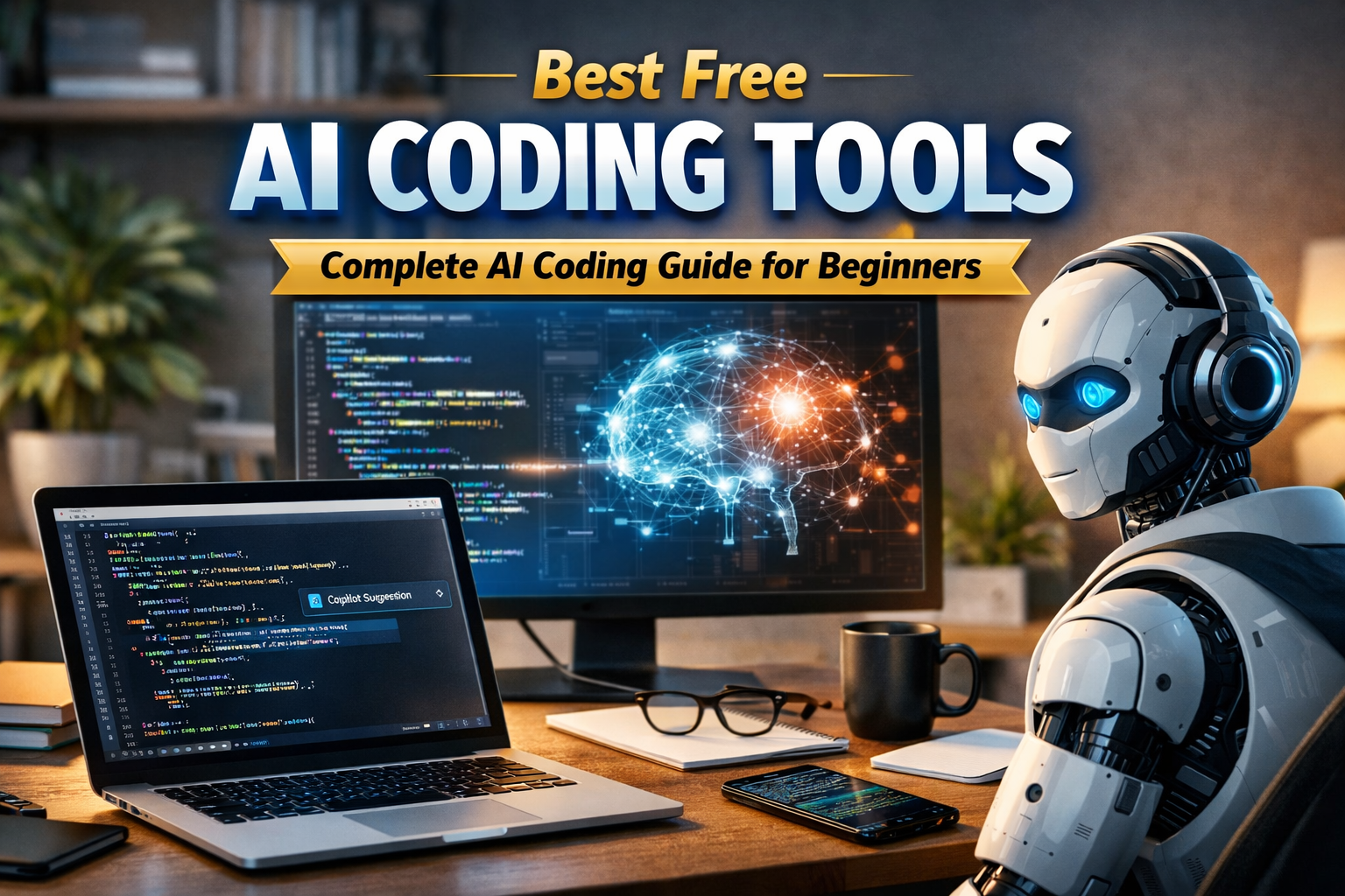 Best Free AI Coding Tools guide for beginners showing a developer using AI coding assistant on laptop with code editor and artificial intelligence interface
