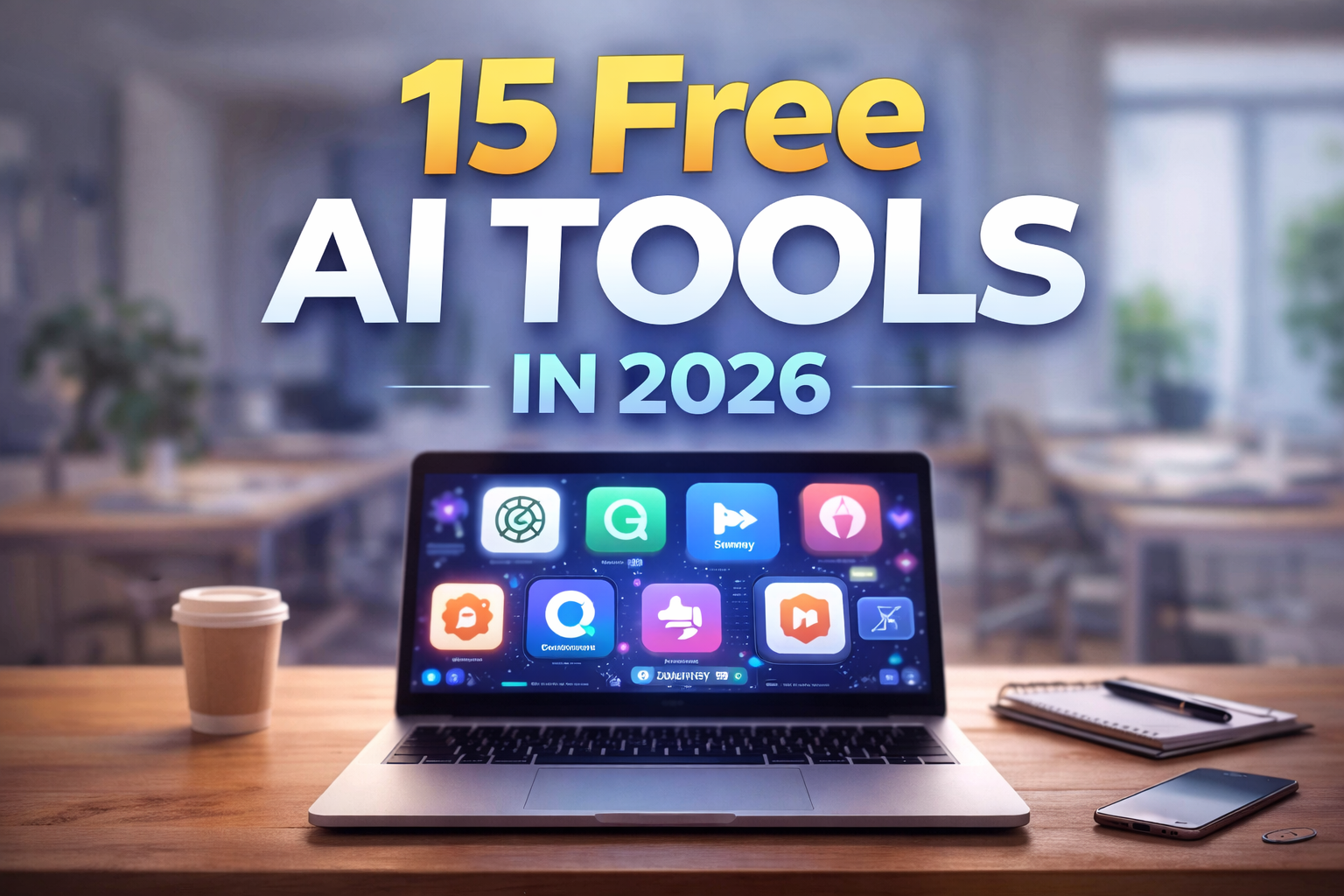 15 Free AI Tools in 2026 displayed on a laptop screen on a workspace desk