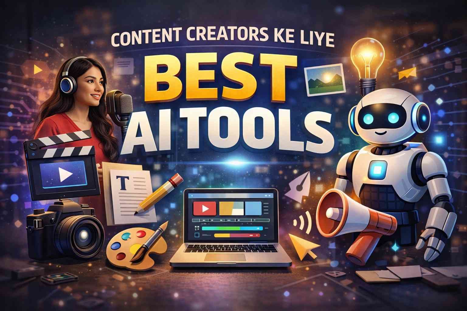 Content Creators Ke Liye Best AI Tools concept image showing creator workspace, laptop editing software, camera, microphone and AI robot assistant.