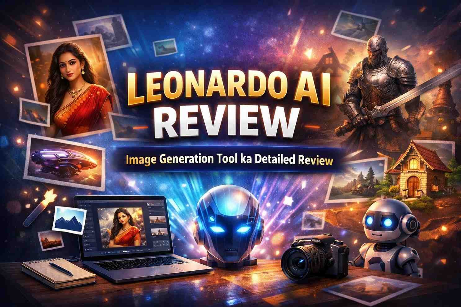 Leonardo AI image generation tool review featured image showing AI generated art, futuristic robot, Indian woman in saree, and creative digital visuals on colorful background