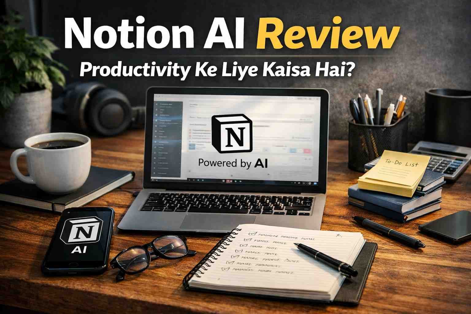 Notion AI Review featured image showing a realistic workspace with laptop, notes and AI-powered productivity setup