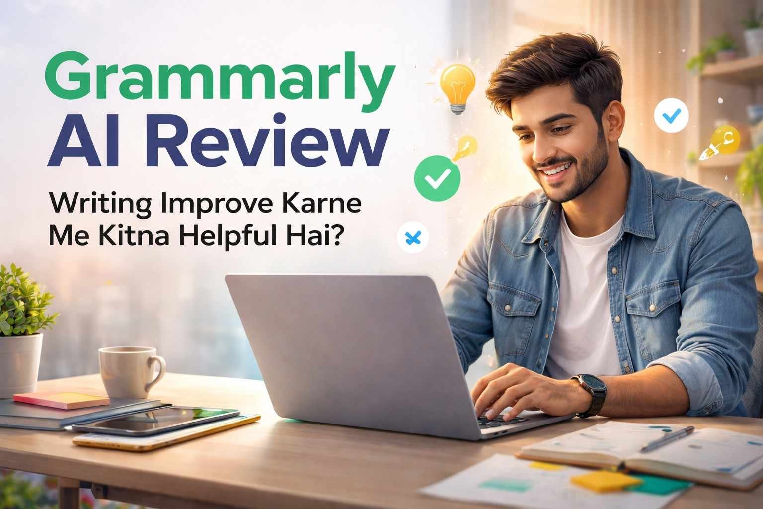 Grammarly AI Review featured image showing a man using laptop for improving writing with AI assistance