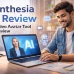 Synthesia AI Review featured image showing AI avatar video creation on laptop with modern video editing concept