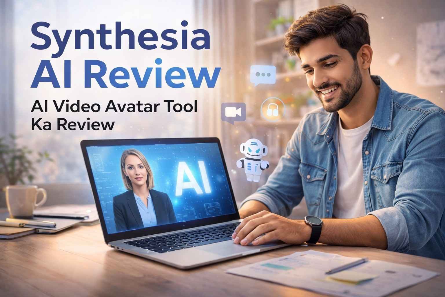 Synthesia AI Review featured image showing AI avatar video creation on laptop with modern video editing concept