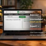 Quillbot AI Review paraphrasing tool interface showing original and rewritten text on laptop in modern workspace