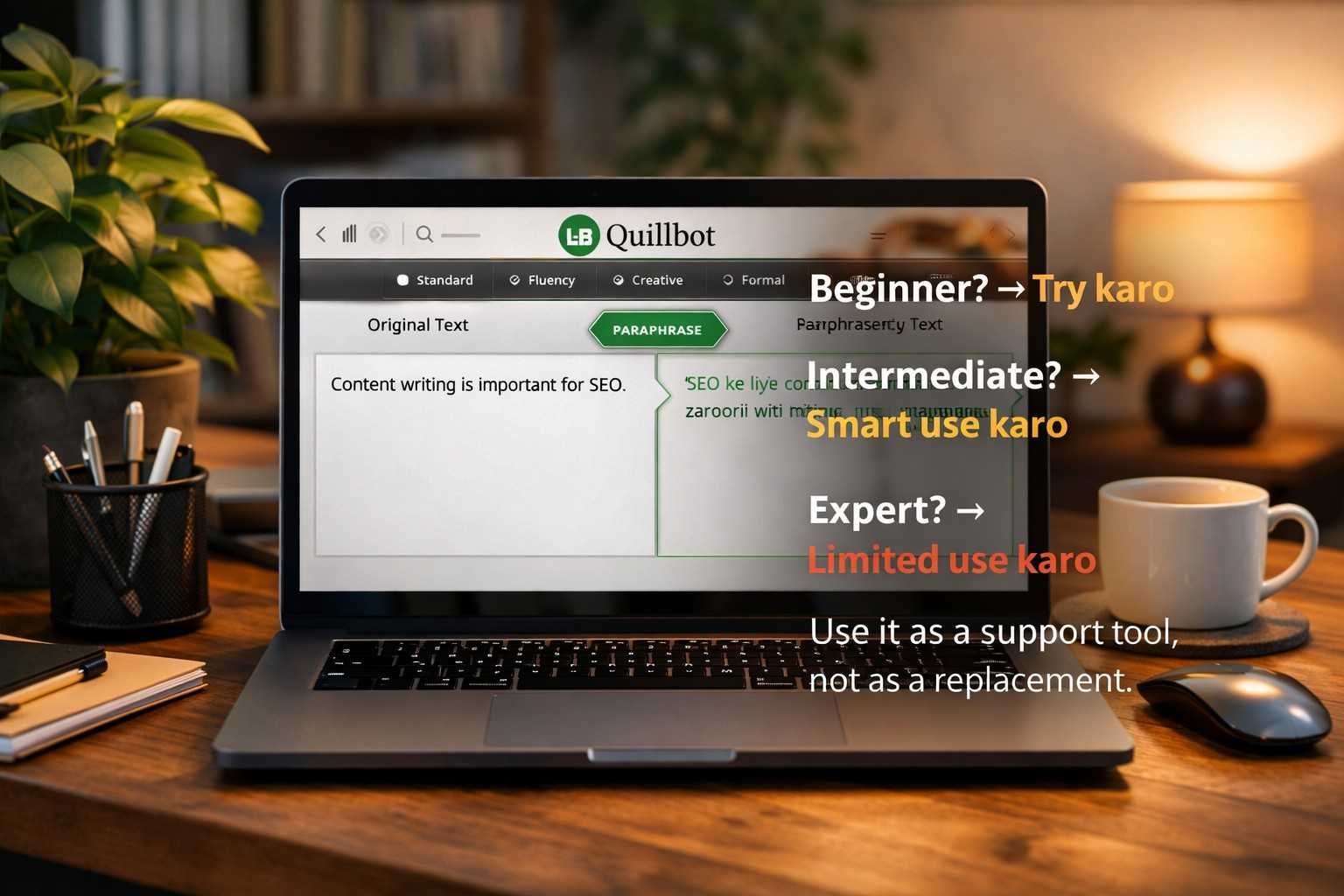 Quillbot AI Review paraphrasing tool interface showing original and rewritten text on laptop in modern workspace
