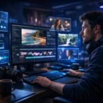 Pictory AI Review concept image showing AI video creation process with content creator editing videos on multiple screens in a modern workspace