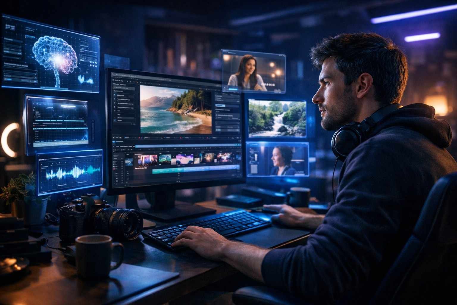 Pictory AI Review concept image showing AI video creation process with content creator editing videos on multiple screens in a modern workspace