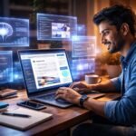 Writesonic Review concept image showing AI content creation process with blogger using smart writing software and multiple digital screens in a professional workspace