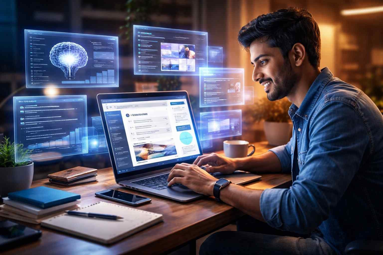 Writesonic Review concept image showing AI content creation process with blogger using smart writing software and multiple digital screens in a professional workspace