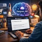 Jasper AI Review ke liye content writing aur SEO workflow dikhata hua ultra realistic AI tool workspace image