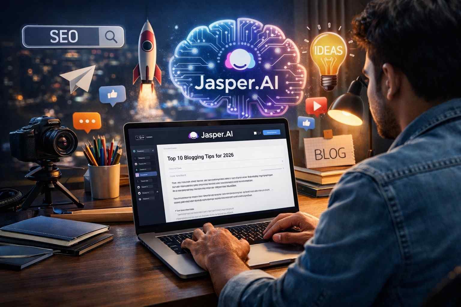 Jasper AI Review ke liye content writing aur SEO workflow dikhata hua ultra realistic AI tool workspace image