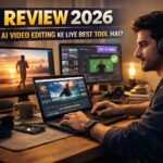 Runway AI Review 2026 ke liye ultra realistic image jisme ek content creator AI video editing tool use karke laptop par professional video edit kar raha hai