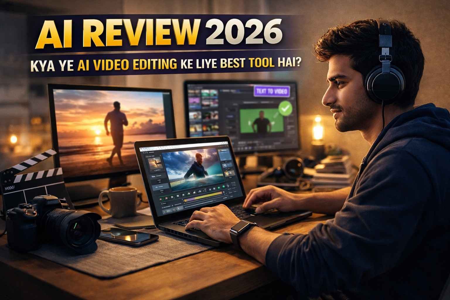 Runway AI Review 2026 ke liye ultra realistic image jisme ek content creator AI video editing tool use karke laptop par professional video edit kar raha hai