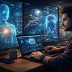 AI Industry Trends 2026 ko dikhata ultra realistic image jisme ek creator futuristic AI screens ke sath laptop par kaam kar raha hai aur future technology ka use kar raha hai