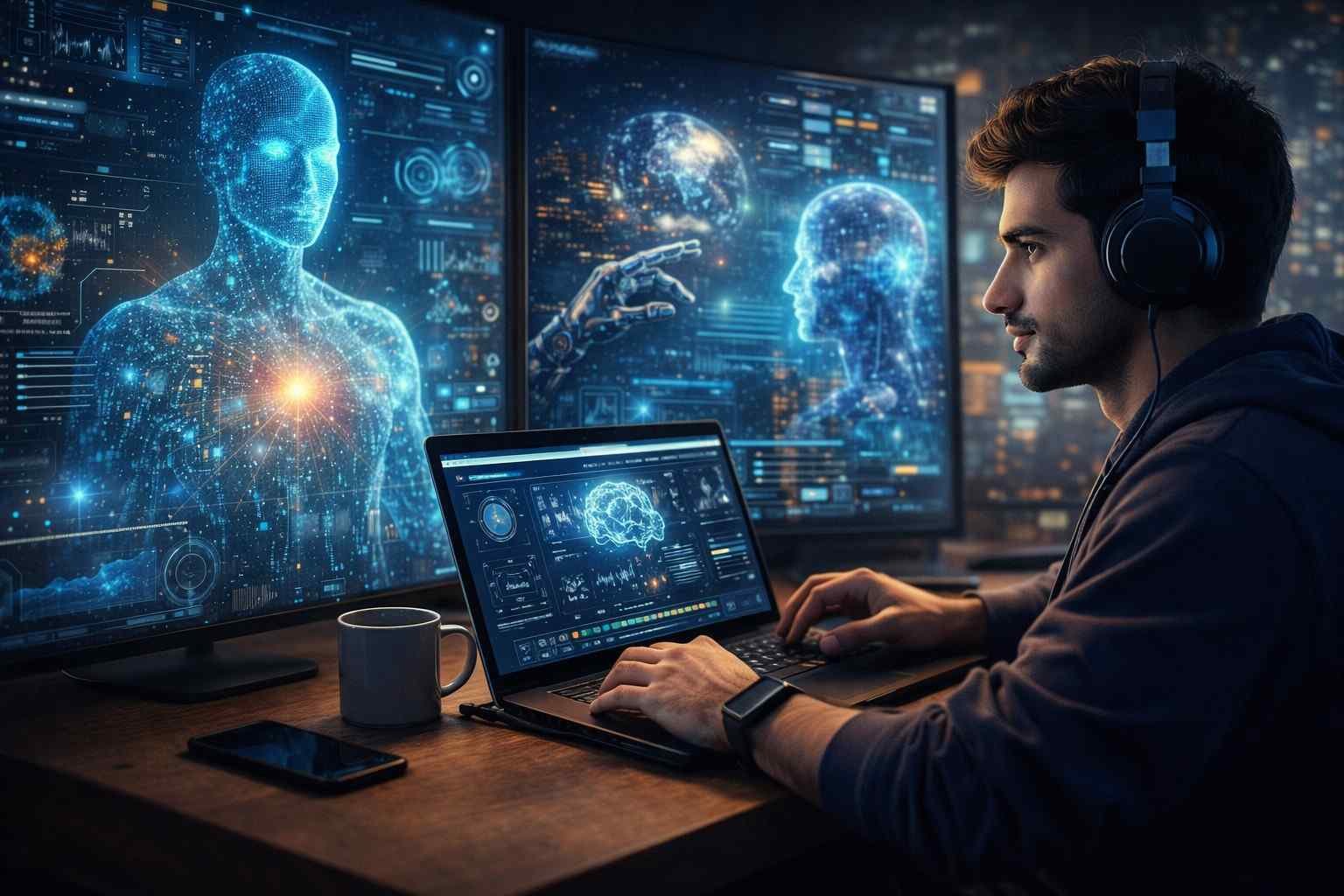 AI Industry Trends 2026 ko dikhata ultra realistic image jisme ek creator futuristic AI screens ke sath laptop par kaam kar raha hai aur future technology ka use kar raha hai
