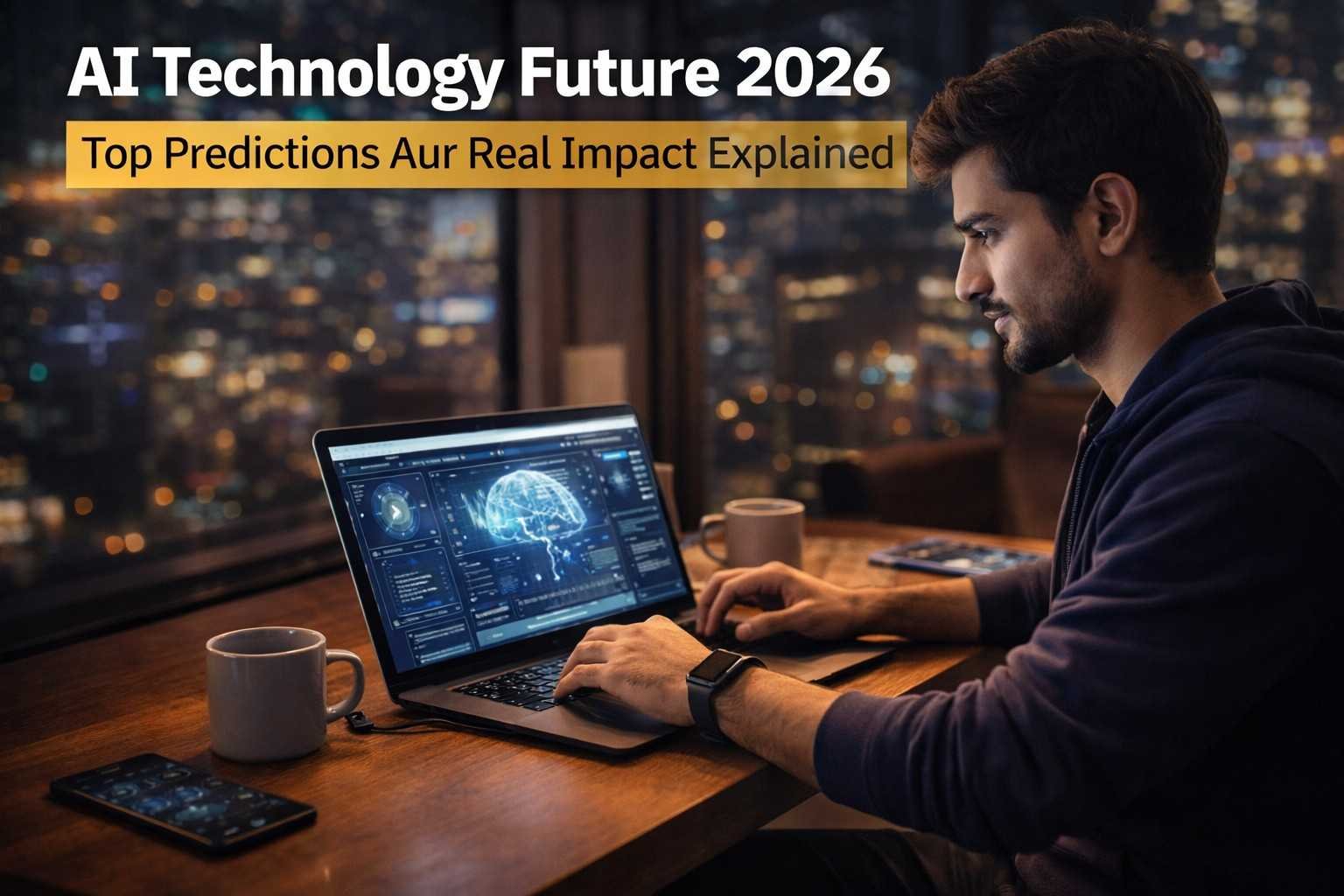 AI Technology Future ko dikhata realistic image jisme ek content creator laptop par AI tools use karke future technology ke sath kaam kar raha hai