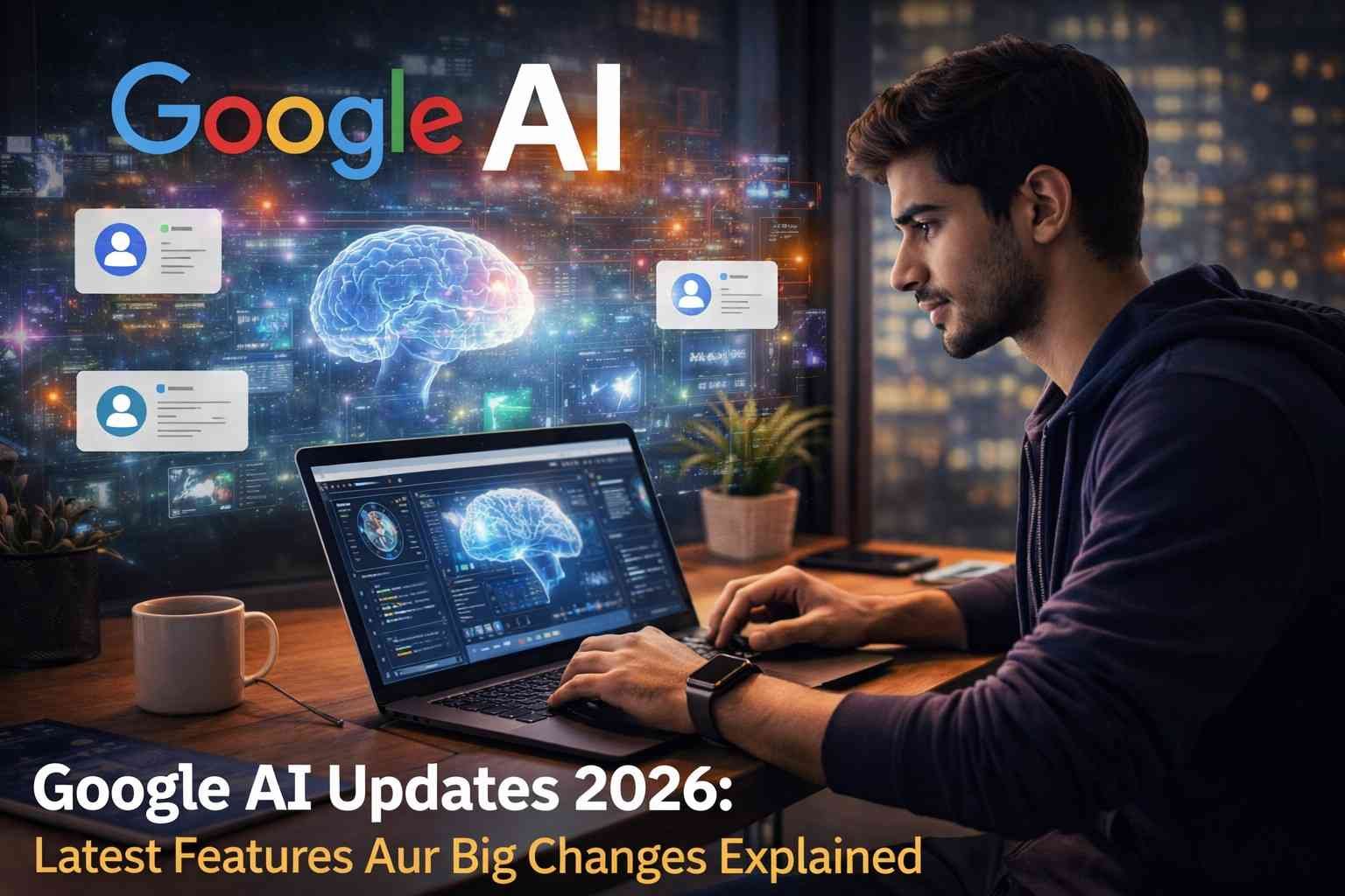 Google AI Updates 2026: Latest Features Aur Big Changes Explained title ke sath realistic image jisme ek creator laptop par Google AI tools ke sath kaam kar raha hai