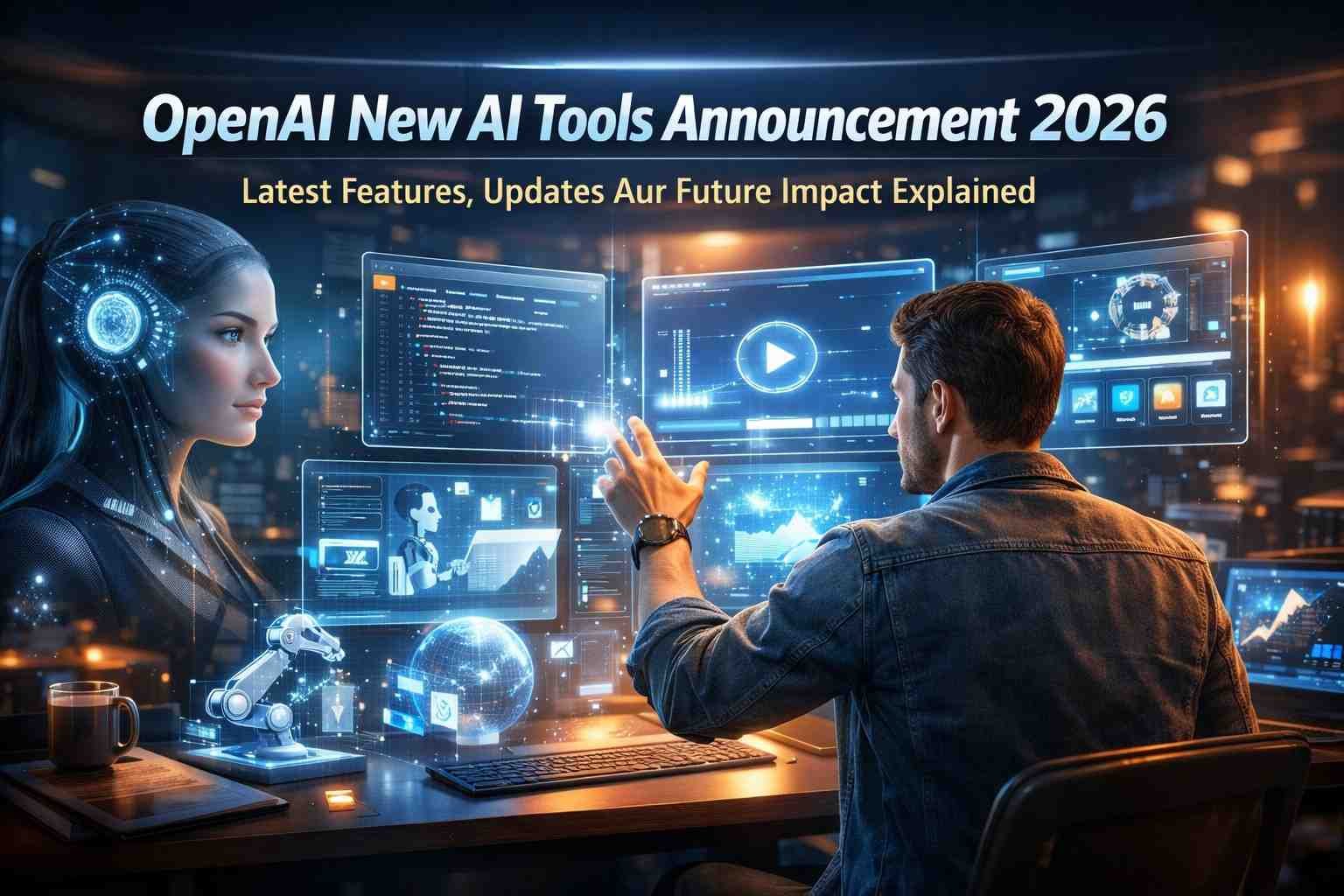 OpenAI New AI Tools futuristic workspace showing human interacting with advanced AI assistant and holographic screens in 2026