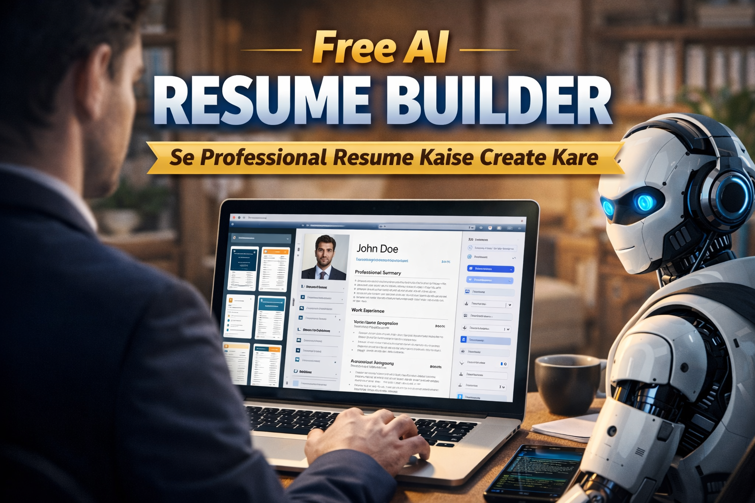 Free AI Resume Builder tool on laptop creating a professional resume with AI assistant in modern workspace