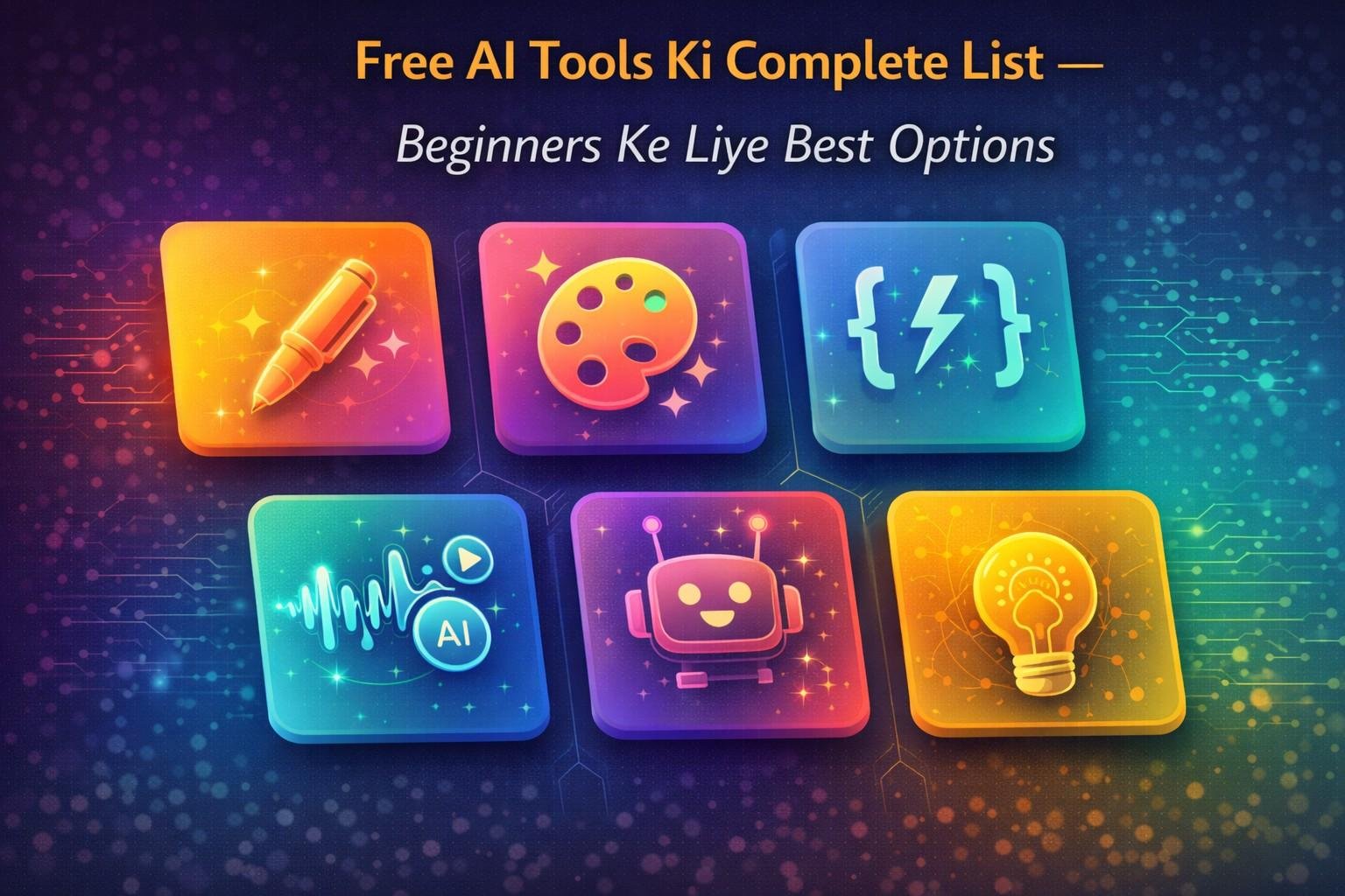 A grid of colorful app icons showing writing image coding and voice tools representing Free AI Tools for beginners in a modern layout