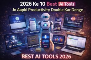 A realistic workspace showing multiple Best AI Tools on laptop and devices helping improve productivity with smart automation and modern digital setup in 2026